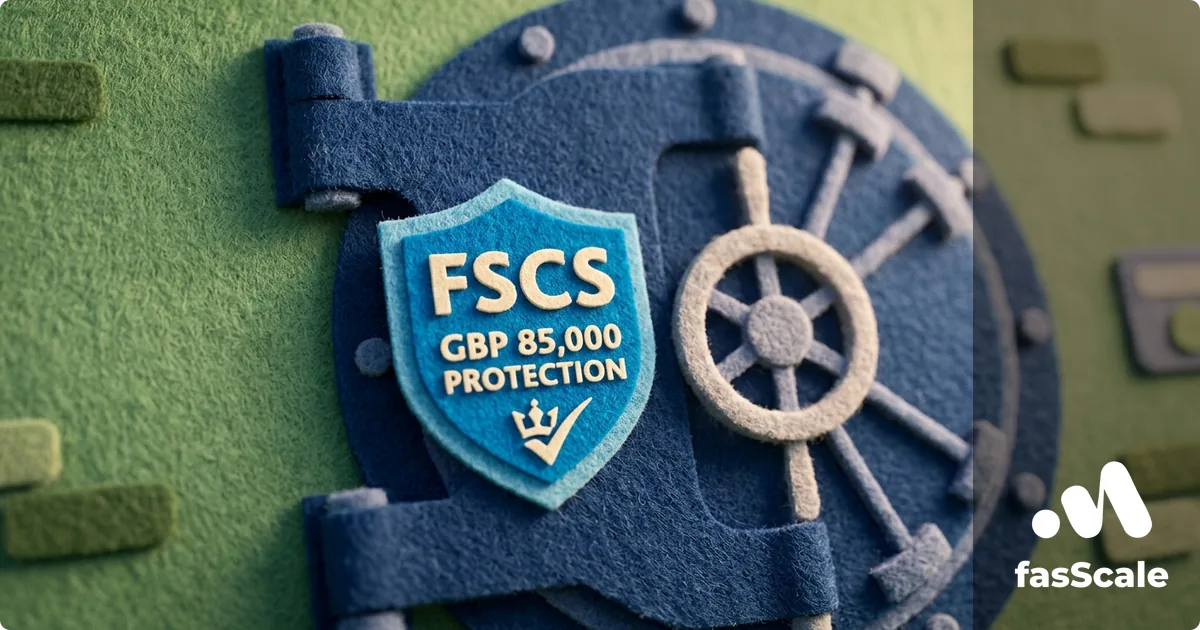 Felt-style bank vault door with an FSCS £85,000 Protection shield emblem, illustrating how to choose a UK business bank account with deposit protection