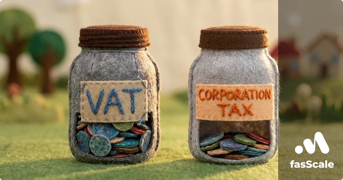 Two felt jars labelled VAT and Corporation Tax filled with stacks of coins, illustrating how a UK limited company sets aside cash in a business savings account