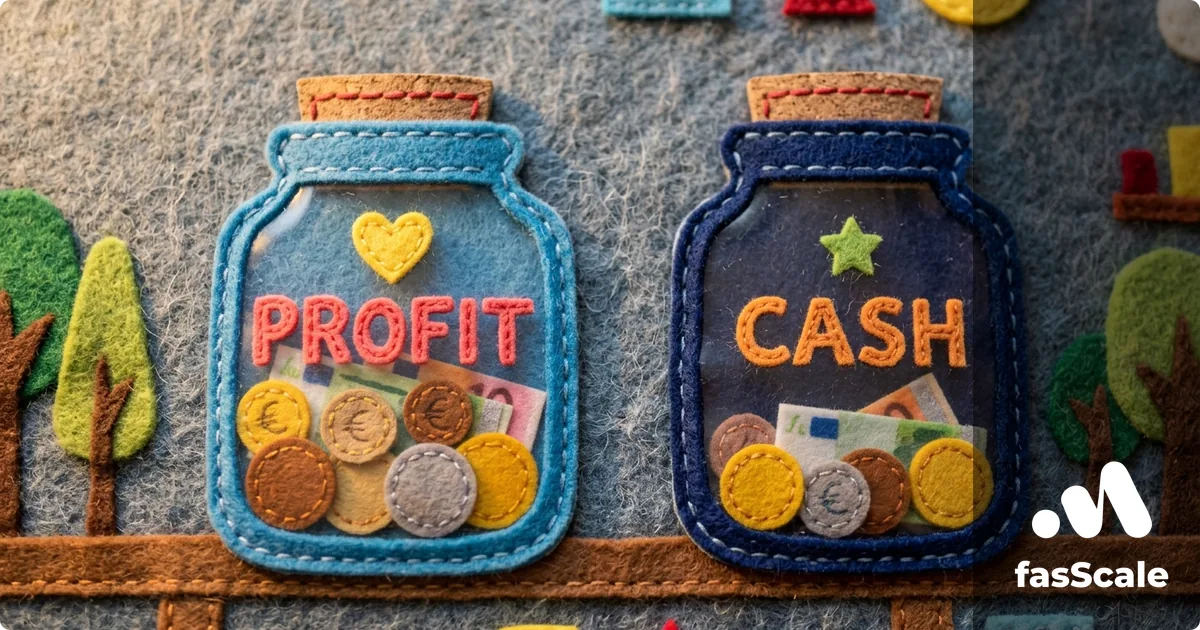 Two felt jars on a shelf labelled Profit and Cash with different fill levels of coins and notes, illustrating why profit and cash differ for a UK small business