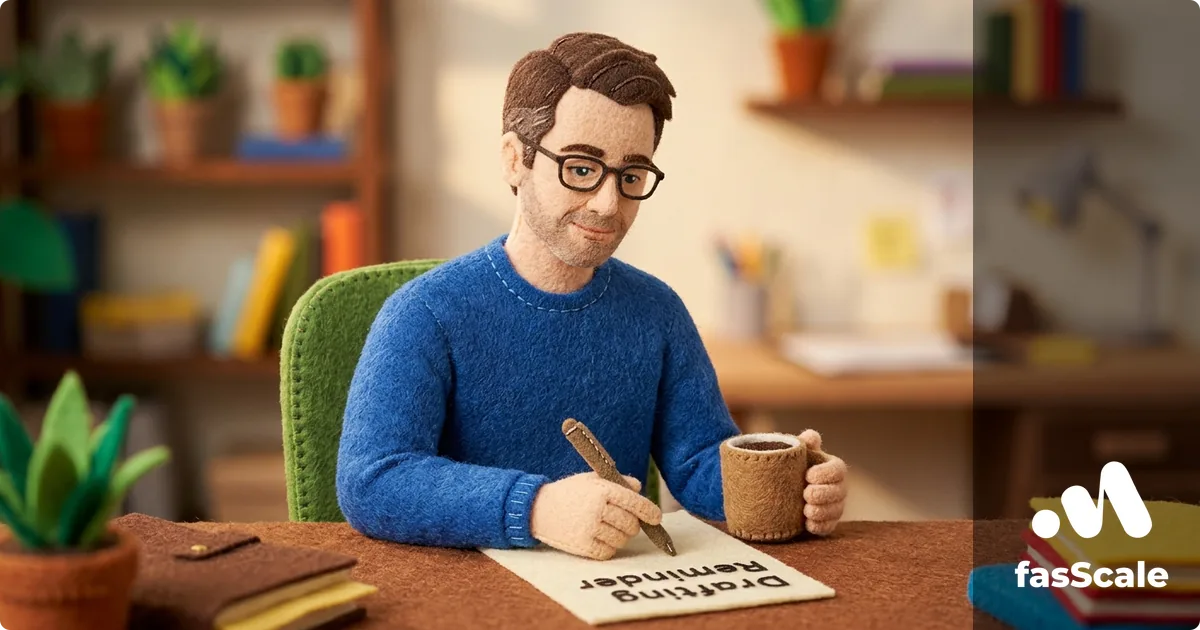 Claymation-style UK founder calmly drafting a polite reminder for an overdue invoice at their desk with a coffee, illustrating how to chase late-paying clients