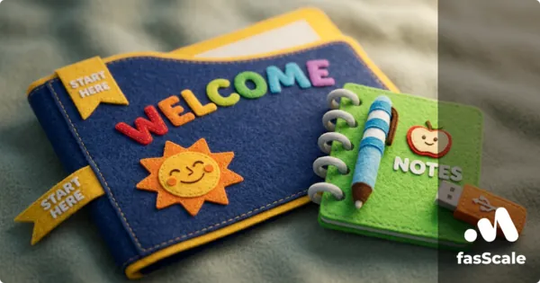 Felt-style Welcome folder and Notes notebook representing UK client onboarding