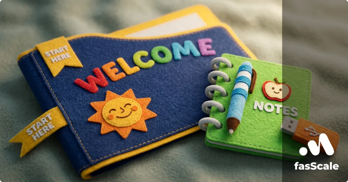 Felt-style first-day welcome pack with a Welcome folder and a Notes notebook with a pen, illustrating a UK service-business client onboarding checklist