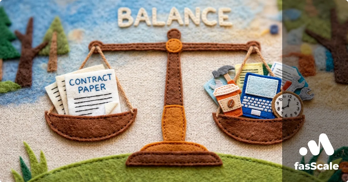 Felt-style scales of justice weighing a contract paper against a working-reality bundle of laptop, calculator and tools, illustrating UK contractor versus employee status