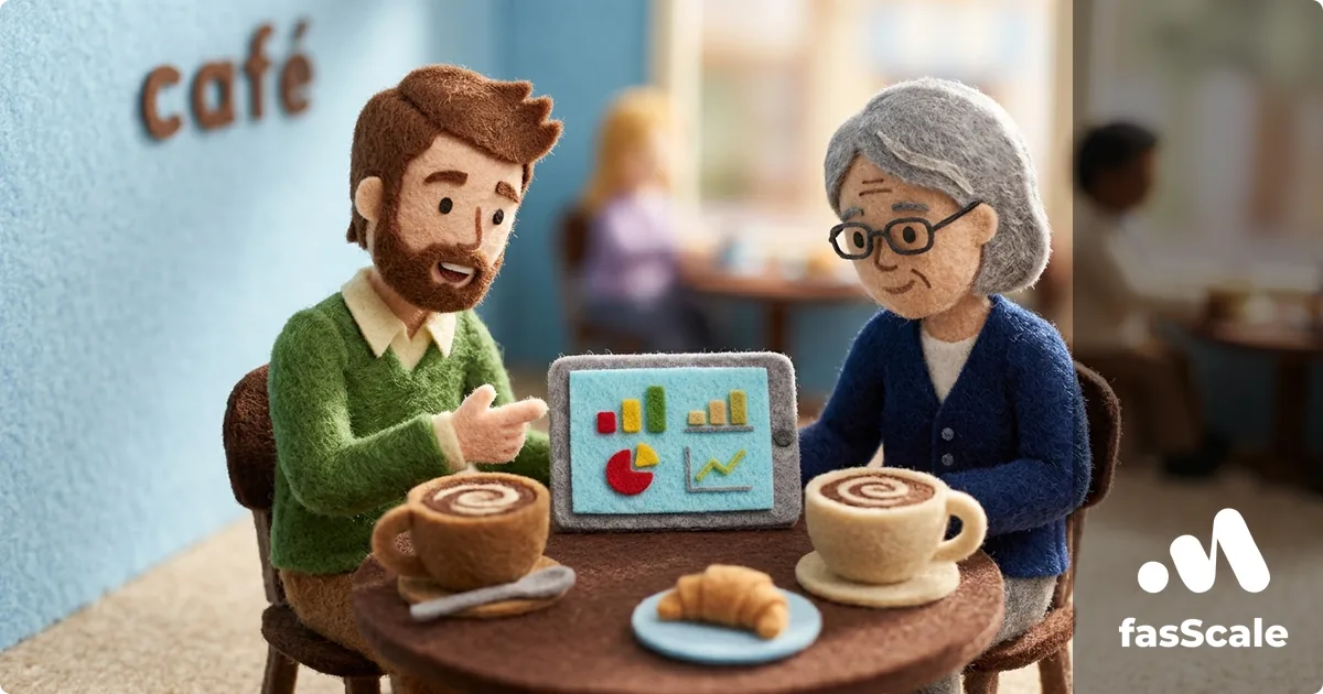 Claymation-style UK founder and accountant reviewing financial charts on a tablet across a café table, illustrating whether to hire an accountant for a limited company