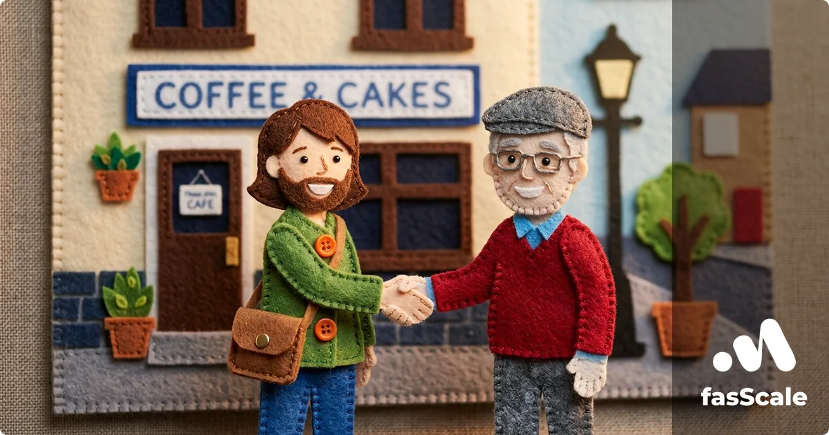 Felt-style scene of a UK founder shaking hands with their first client outside a Coffee & Cakes café on a cobbled street, illustrating winning the first 10 clients