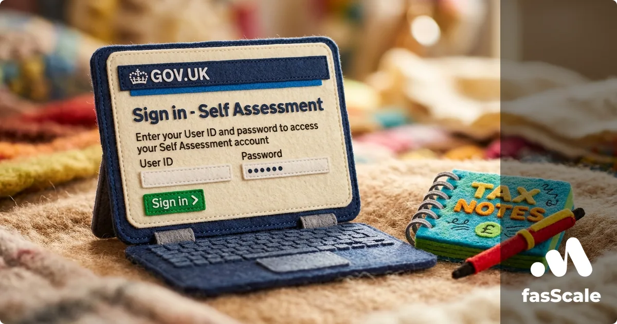 Felt-style laptop screen showing the GOV.UK Self Assessment sign-in page beside a small Tax Notes notebook, illustrating a UK first-time Self Assessment return
