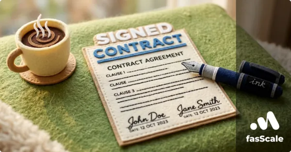 Felt-style signed UK freelance contract with fountain pen and coffee
