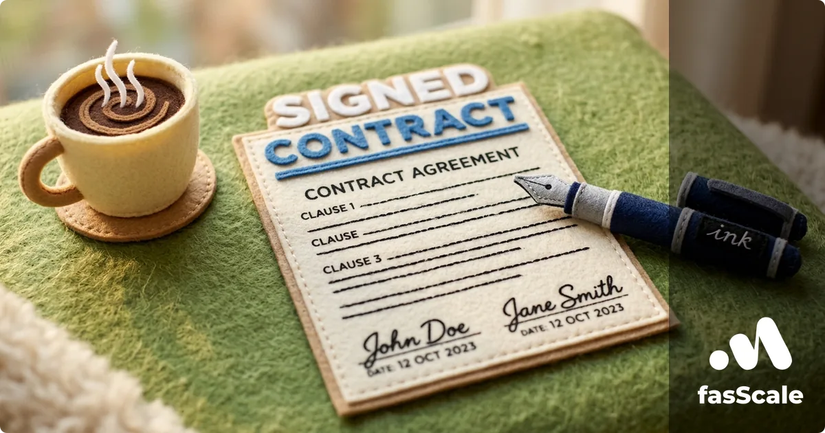 Felt-style Signed Contract document on a green felt mat with a fountain pen and a coffee cup, illustrating a UK freelance contract template