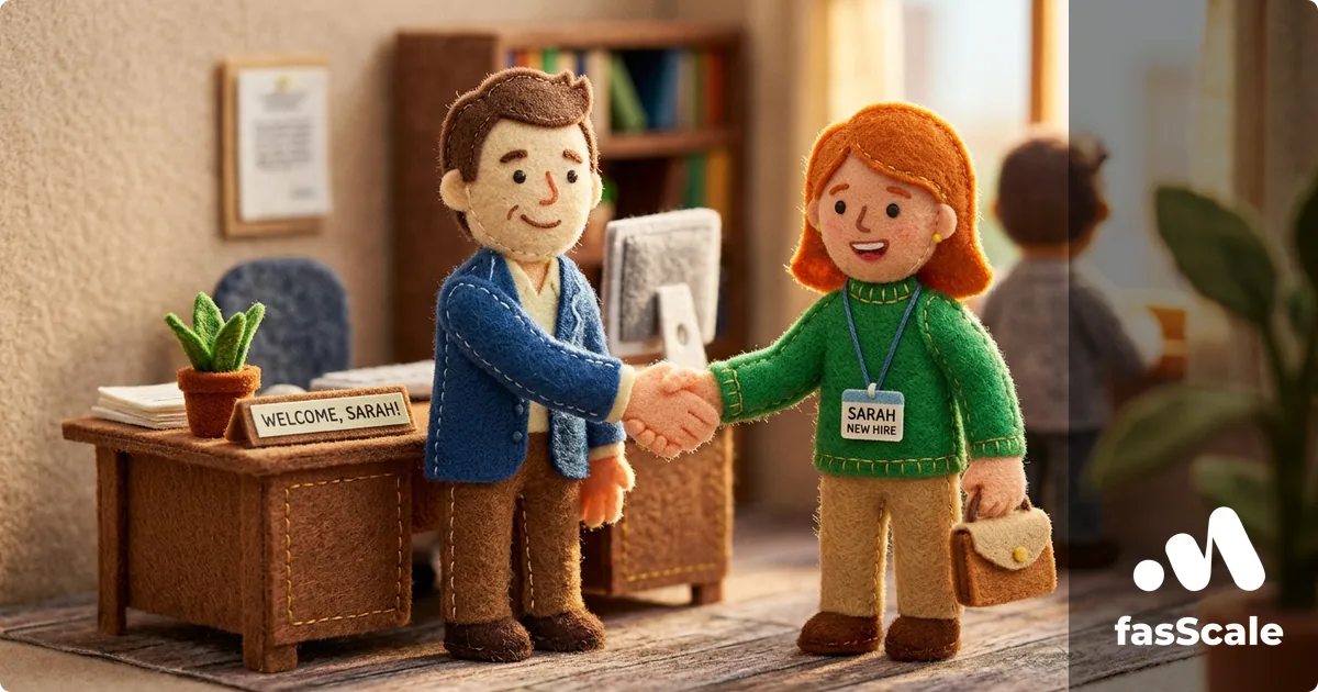 Claymation-style UK small business owner shaking hands with their first employee on day one with a Welcome desk sign visible, illustrating hiring your first employee