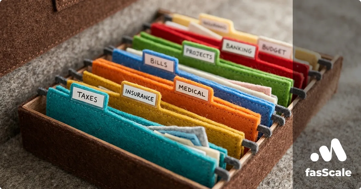 Felt-style overhead view of an organised filing cabinet drawer with hanging folders tabbed Taxes, Insurance, Banking and Bills, illustrating UK business record-keeping rules