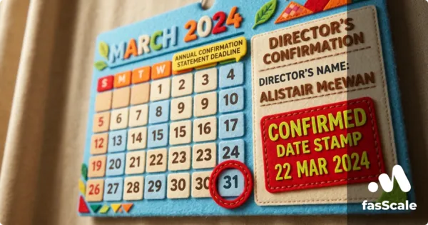 Felt-style calendar with the confirmation statement deadline circled beside a director's confirmation panel