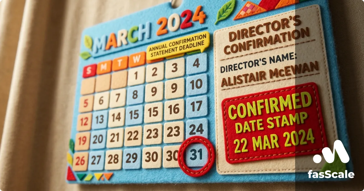 Felt-style March calendar with the annual confirmation statement deadline circled beside a Director's Confirmation panel showing a director's name and date stamp, illustrating UK confirmation statement filing