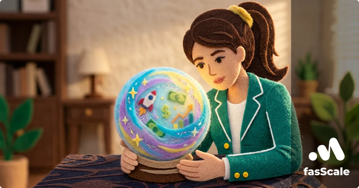 Claymation-style UK founder holding a glowing crystal ball filled with charts and forecast symbols, illustrating cash flow forecasting for a small business