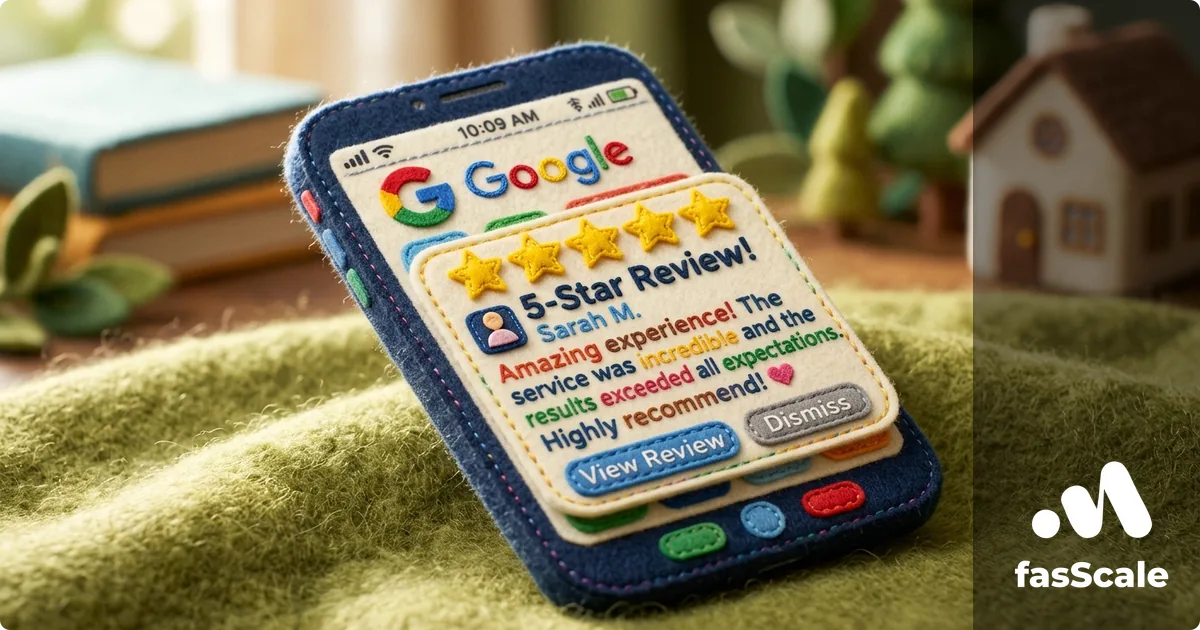 Felt-style smartphone displaying a 5-star Google review notification with a View Review button, illustrating how UK small businesses earn their first reviews