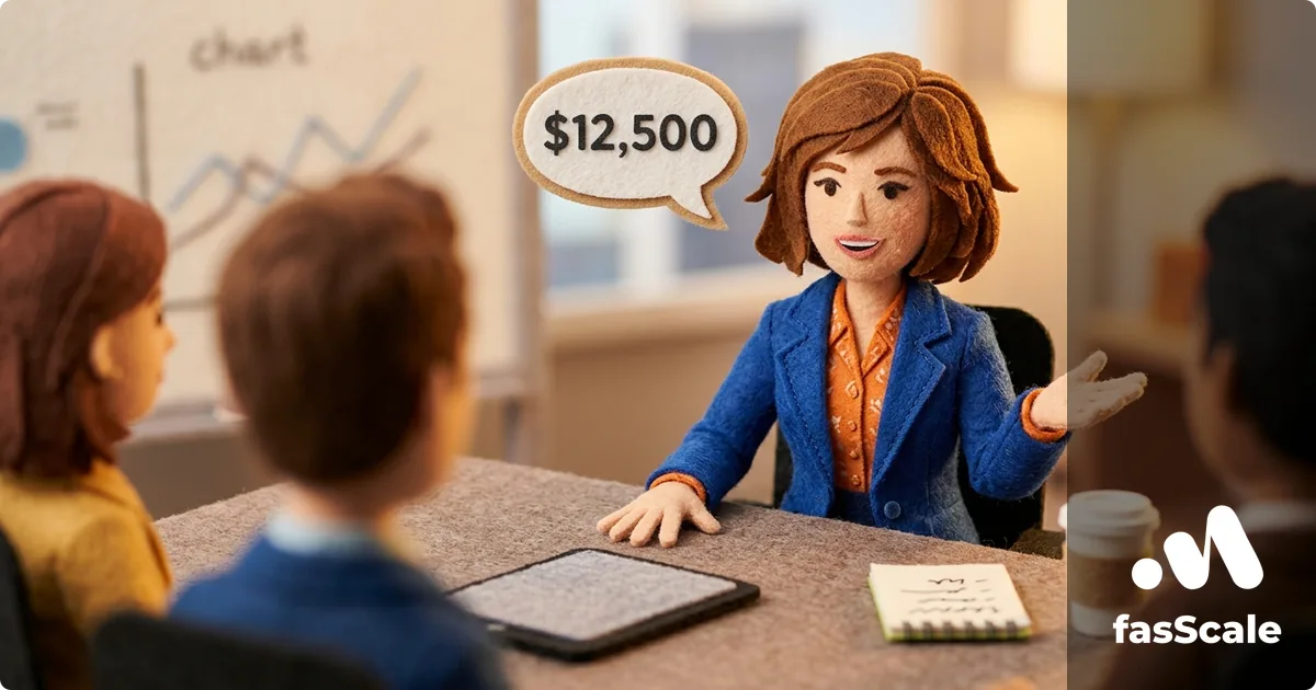 Claymation-style UK consultant confidently quoting a five-figure project fee across a boardroom table, illustrating how to price consulting services