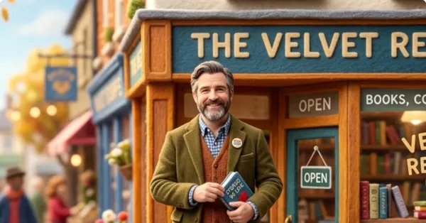 Felt-style bookshop owner outside a newly opened high-street shop, representing setting up a UK limited company