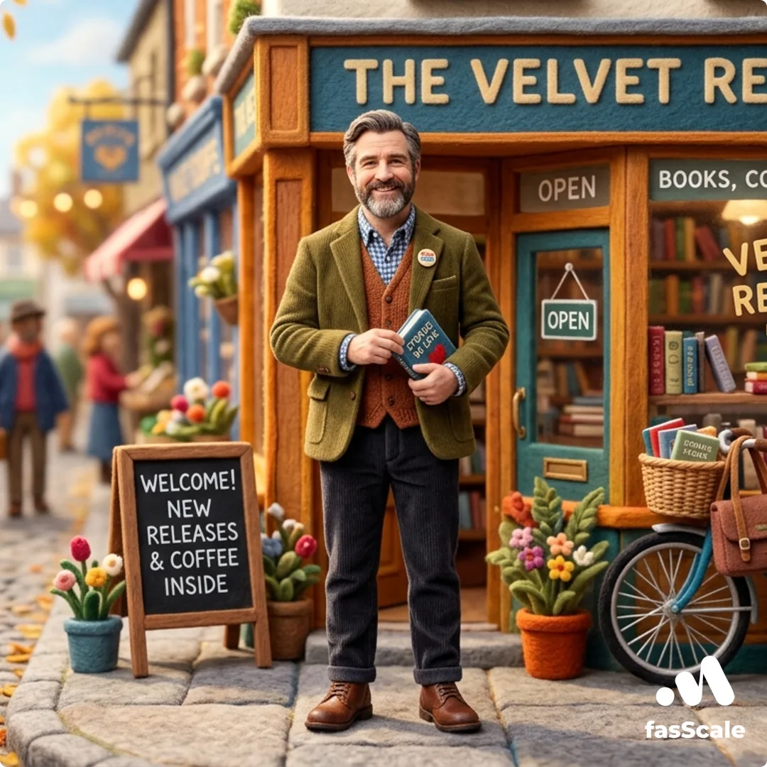 A new UK limited company director outside his small high-street bookshop, illustrating starting a limited company