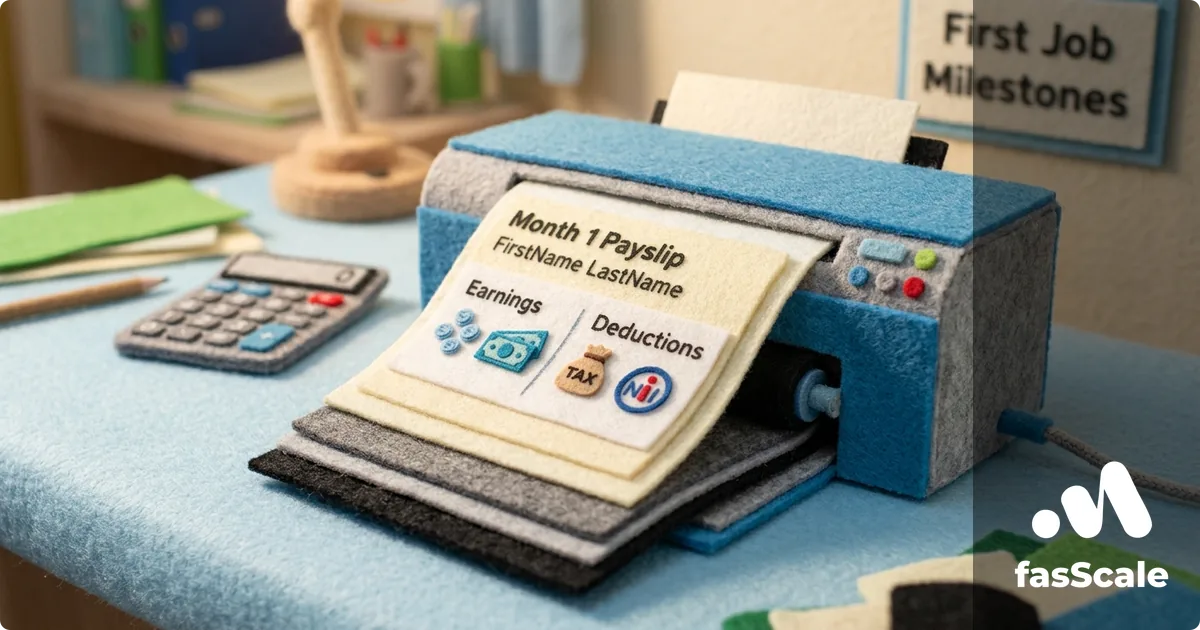 Felt-style printer outputting the first PAYE Month 1 payslip showing Earnings and Deductions sections, illustrating how a UK small business sets up PAYE payroll