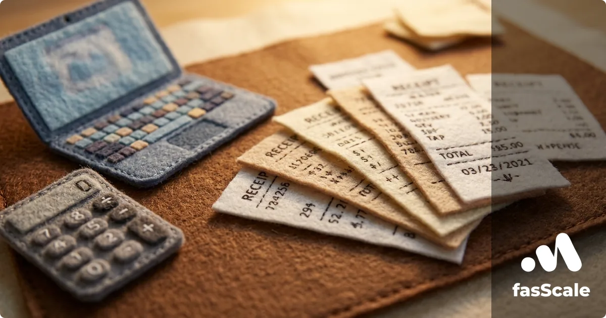 Felt-style flat-lay of paper receipts fanned across a leather desk pad with a small felt laptop and pocket calculator, illustrating UK limited company allowable expenses