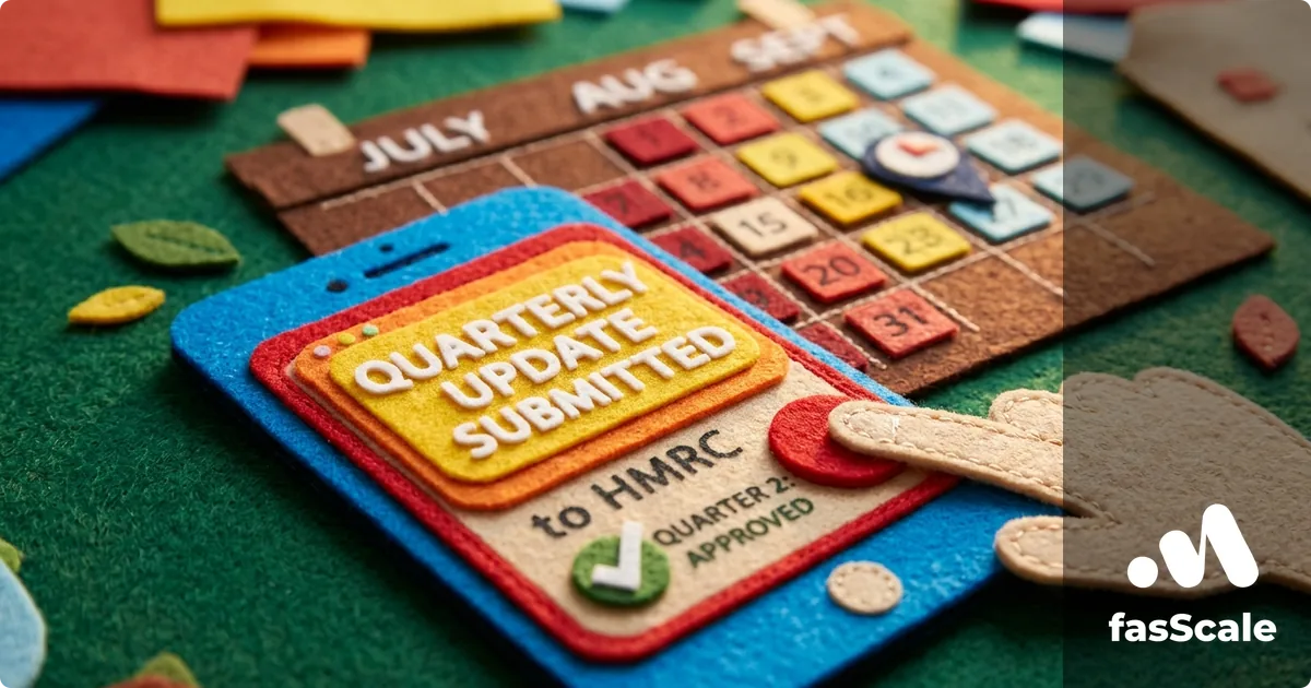 Felt-style 'Quarterly Update Submitted to HMRC' panel with a green Quarter Approved tick and quarterly month tiles, illustrating Making Tax Digital for UK sole traders
