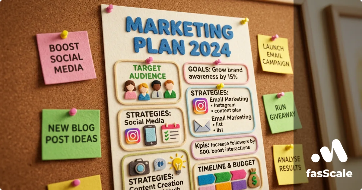 Felt-style cork-board pin-up of a one-page Marketing Plan surrounded by sticky notes for social media, blog posts, email campaigns and analytics, illustrating a UK small business marketing plan