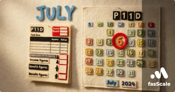 Felt-style P11D form beside a July calendar with the 6th deadline circled