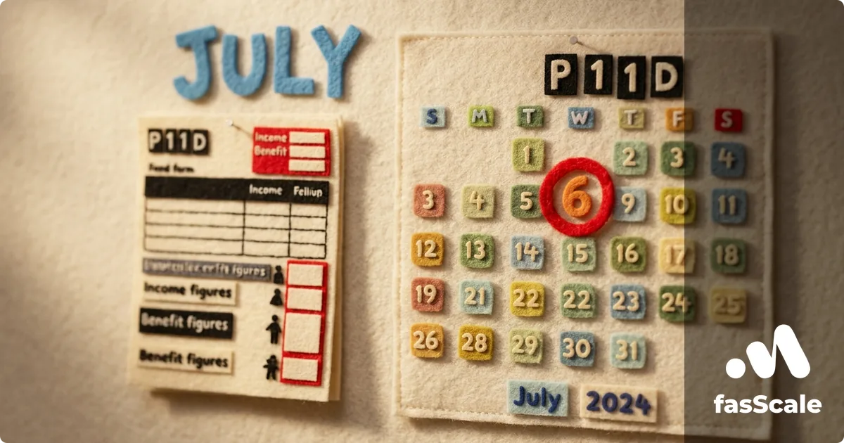 Felt-style two-panel illustration: a P11D form with Income and Benefit fields beside a July calendar with the 6th circled in red, illustrating the P11D filing deadline for UK directors