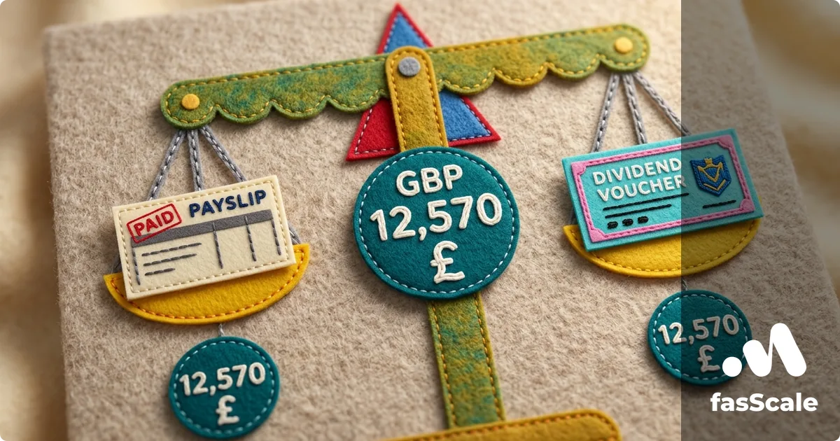 Felt-style balance scales weighing a payslip against a dividend voucher with a £12,570 personal allowance badge above, illustrating UK director salary versus dividends