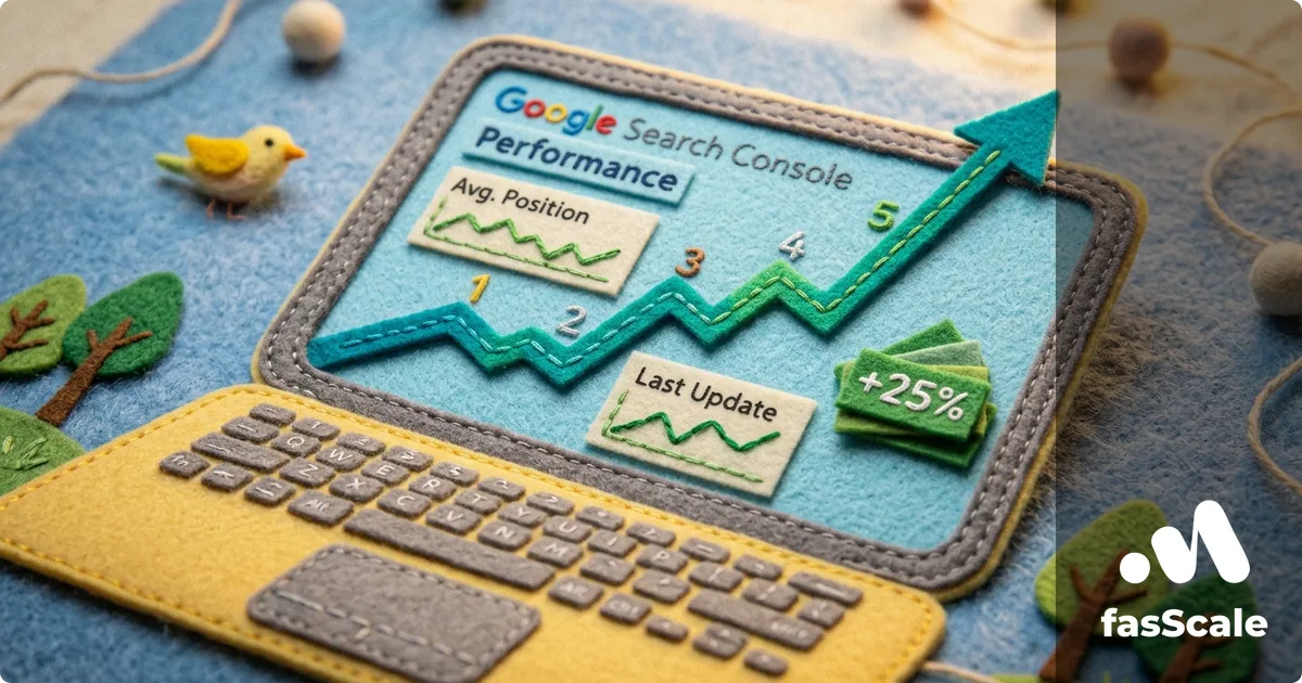 Felt-style laptop showing a Google Search Console performance graph trending up with an Avg Position line and +25% indicator, illustrating SEO improvements for a UK small business