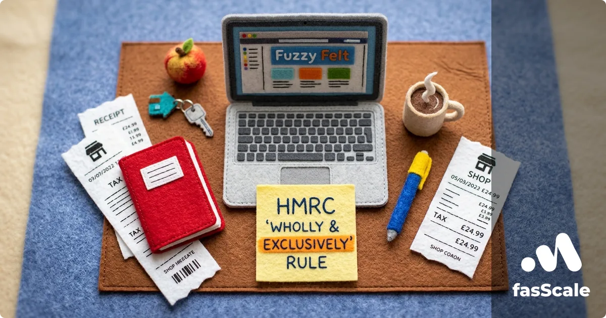 Felt-style overhead desk scene with a laptop, paper receipts, a notebook and a Post-it highlighting HMRC's 'wholly and exclusively' rule, illustrating UK sole trader allowable expenses
