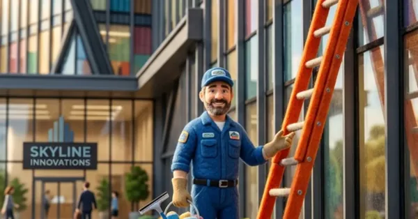 Felt-style window cleaner outside a modern office building, representing the choice between sole trader and limited company