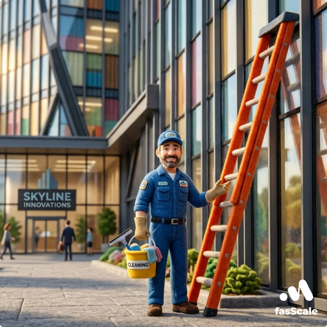 A self-employed window cleaner standing outside a glass-fronted corporate office, illustrating the choice between sole trader and limited company