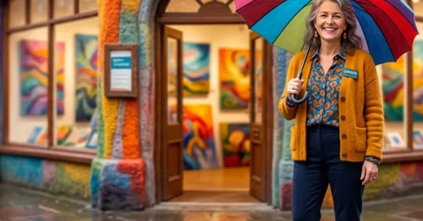 Felt-style contractor with a rainbow umbrella outside a UK shopfront, representing umbrella company versus limited company