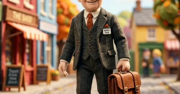 Felt-style tweed-suited HMRC tax inspector on a cobbled street, representing UK VAT registration